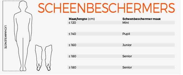 Afbeelding maattabel scheenbeschermers Stanno
