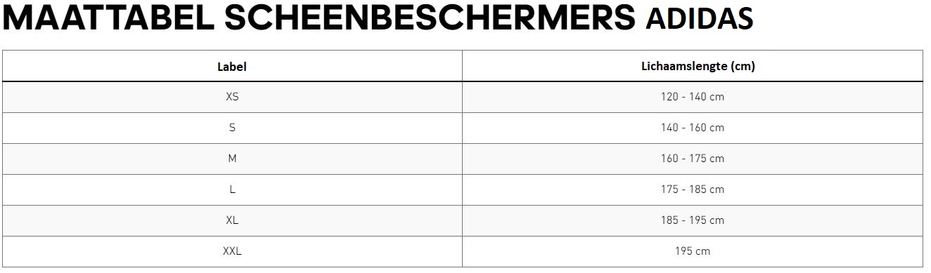 Afbeelding maattabel scheenbeschermers Adidas
