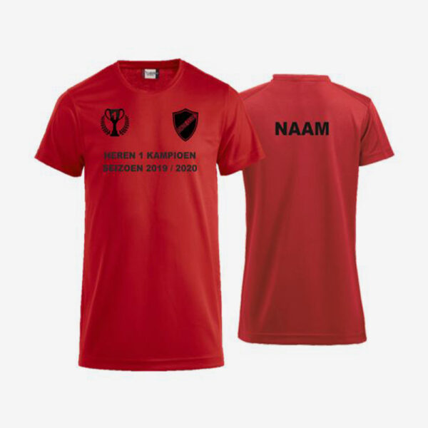 Afbeelding kampioen shirt voorzijde en achterzijde bedrukt rood