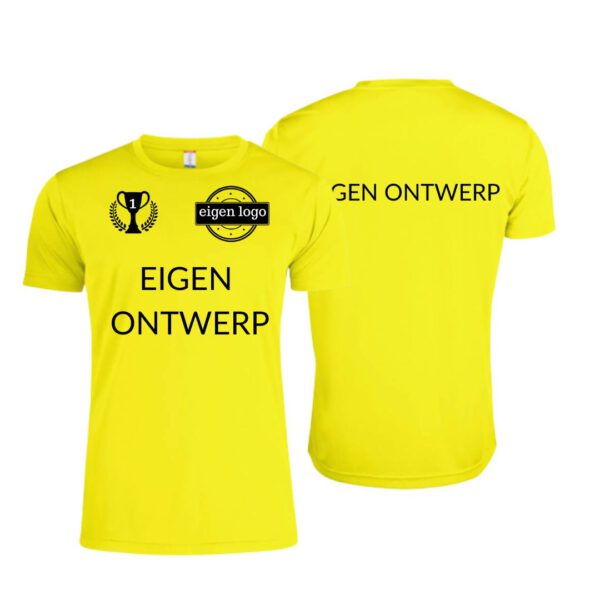 Afbeelding kampioenshirt geel bedrukt voor en achterzijde