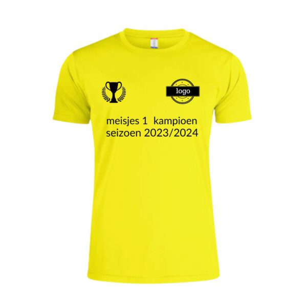 Afbeelding kampioen shirt voorzijde eigen tekst bedrukt kleur shirt geel